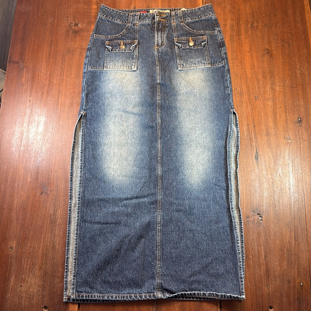 Y2K Vintage Paris Blues Long Denim Skirt Womens Size 9 Blue‎ Iconic Maxi Slit